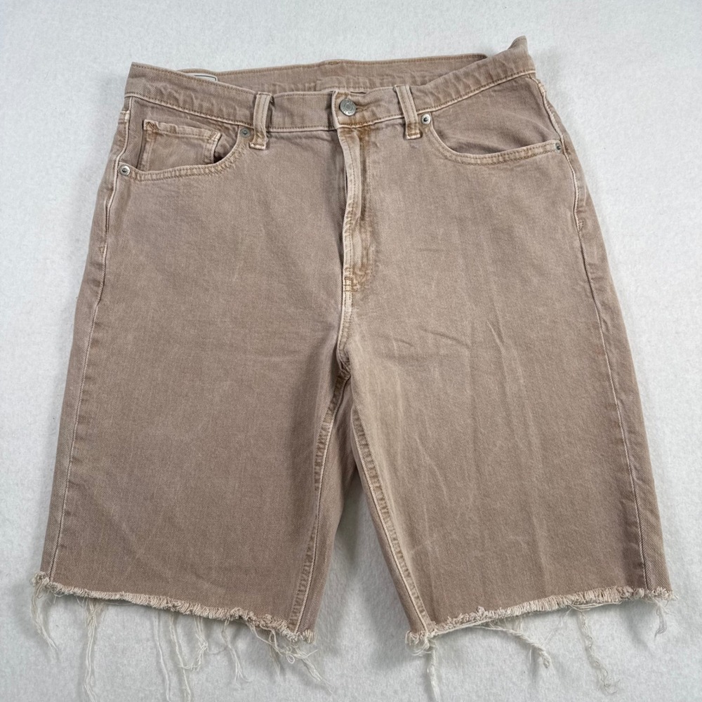 Gap 90s Loose Mid Rise Denim Shorts Sand Brown Raw Hem 30 Tall 10T Jorts